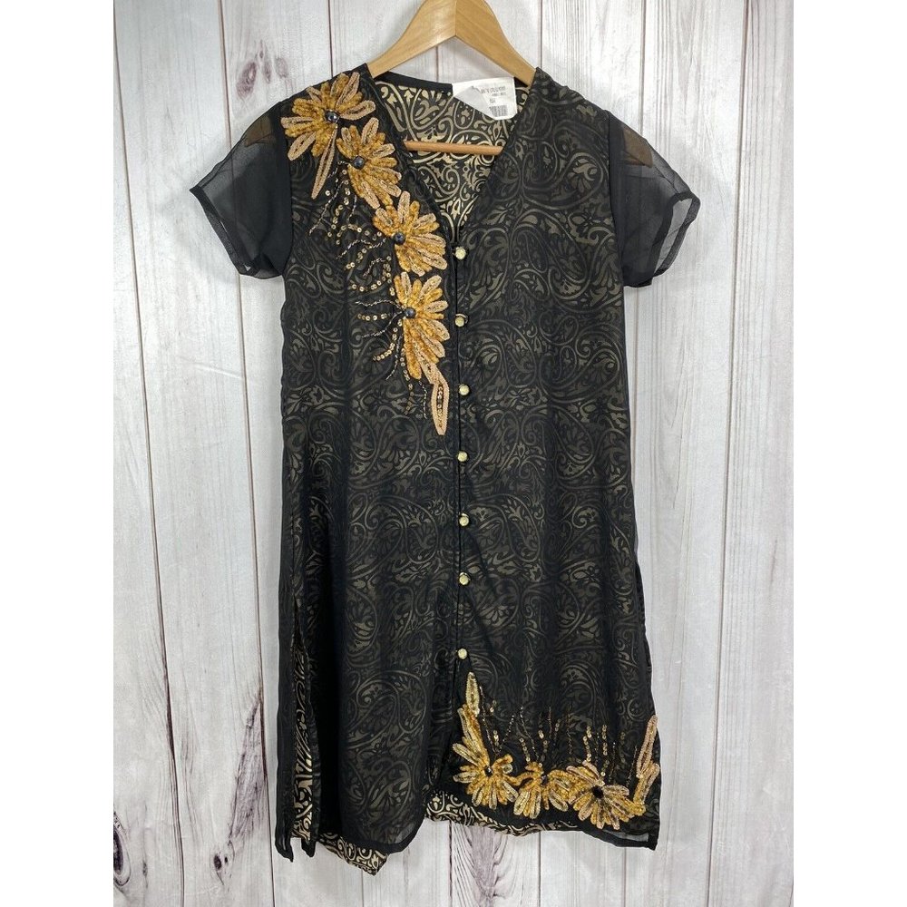 Saree Blouse Tunic Black/Brown w Flowers Womens Small